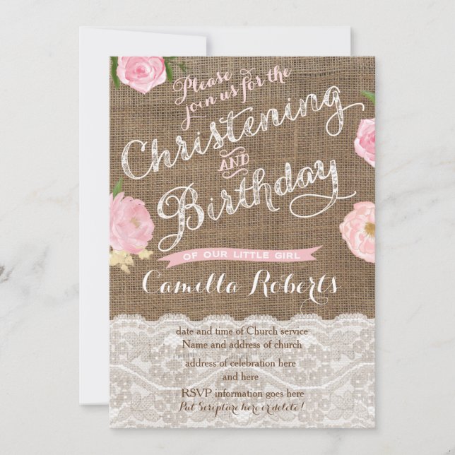 Convite Rustic Birthday e Christening convidam para garota (Frente)