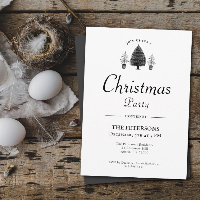 Convite Rustic Black & White Christmas Tree Christmas (Rustic Christmas Party Invitation  | Christmas Tree Drawings With Vintage Vibes)