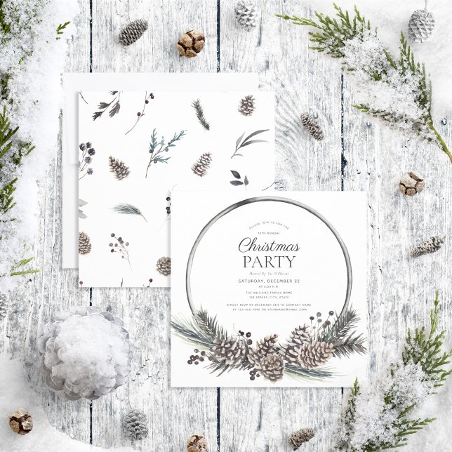 Convite Rustic Black Winter Pinecone Wreath Folidy Party (Criador carregado)