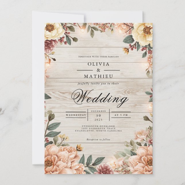 Convite Rustic Bloom Woodgrain Romance Weding (Frente)
