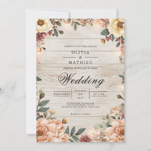 Convite Rustic Bloom Woodgrain Romance Weding