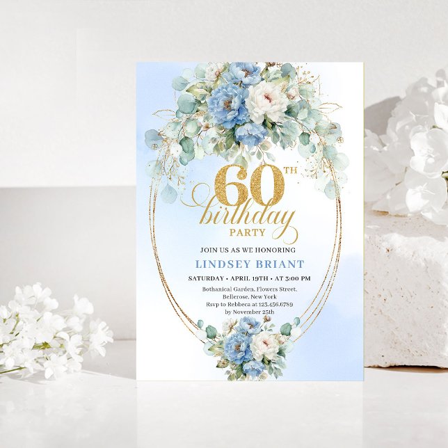 Convite Rustic Blue and Gold 60th Birthday Invitation (Rustic Blue and Gold 60th Birthday Invitation)