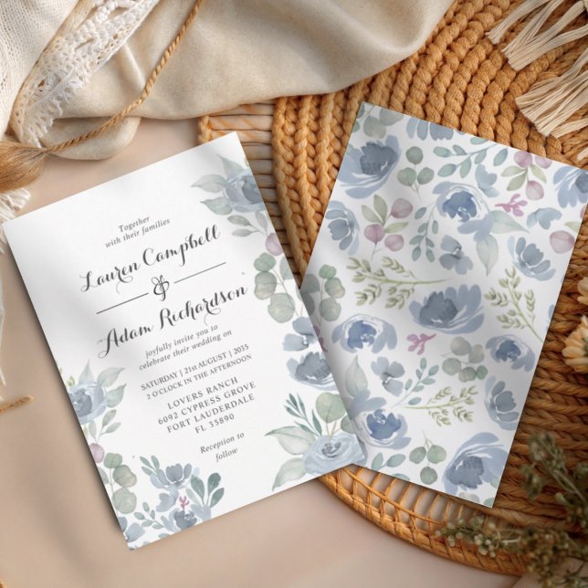 Convite Rustic Blue Floral & Eucalyptus Wedding  (Criador carregado)