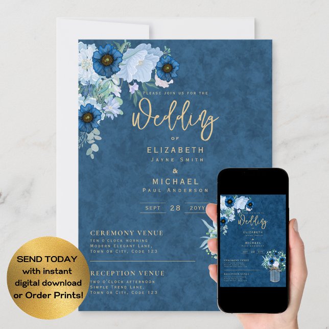 Convite Rustic Blue Floral Wedding Instant Digital (Criador carregado)