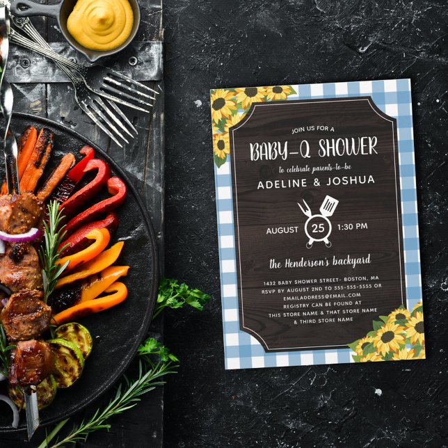 Convite Rustic Blue Gingham Sunflower Baby-Q Chá (Criador carregado)