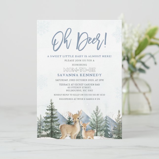 Convite Rustic Blue Green Winter Oh Deer Baby Shower (Em pé/Frente)