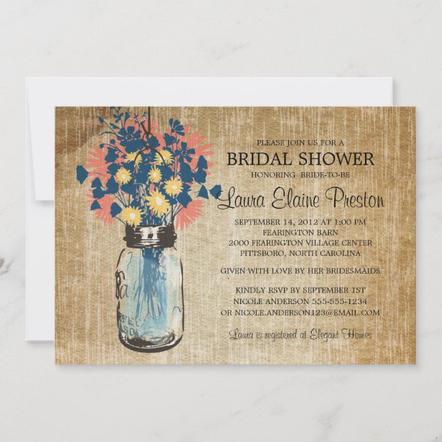 Convite Rustic Blue Mason Jar e Wildflower Daisies (Frente)