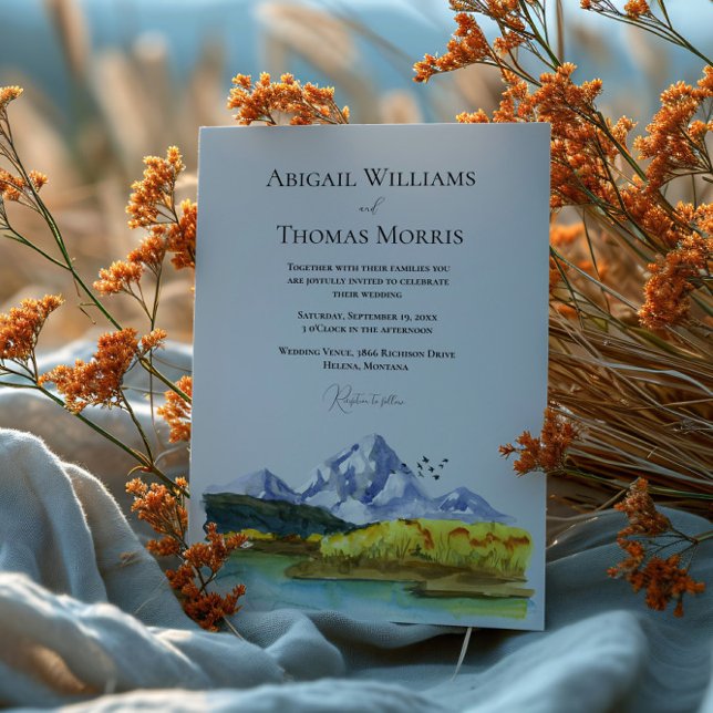 Convite Rustic Blue Mountain Watercolor Wedding Invitation (Criador carregado)