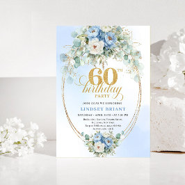 Convite Rustic Blue Peony Gold 60th Birthday Invitation