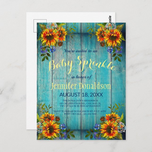 Convite Rustic Blue Sunflower Baby Sprinkle (Frente/Verso)