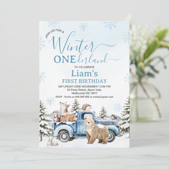 Convite Rustic Blue Truck Bear Winter Onederland Birthday (Em pé/Frente)