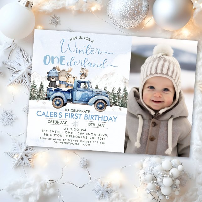 Convite Rustic Blue Truck Winter Onederland 1st Birthday (Winter Onederland Birthday Invitation, Winter Onederland - 1st Birthday Invitation Template, Blue)