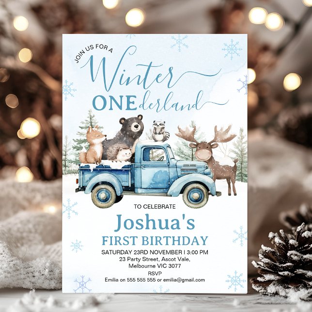 Convite Rustic Blue Truck Winter Onederland Birthday (Winter Onederland Birthday Invitation, Winter Onederland - 1st Birthday Invitation Template, Blue)