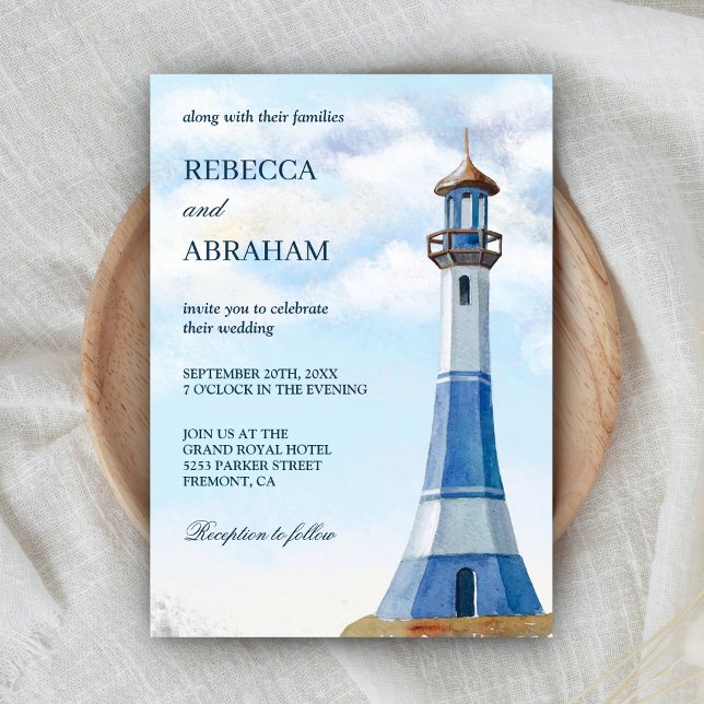 Convite Rustic Blue Watercolor Lighthouse Nautical Wedding (Criador carregado)