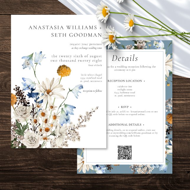 Convite Rustic Blue Wildflower & Daisies Casando Dois Lado (Rustic Blue Wildflowers & Daisies Wedding Two Side Invitation)