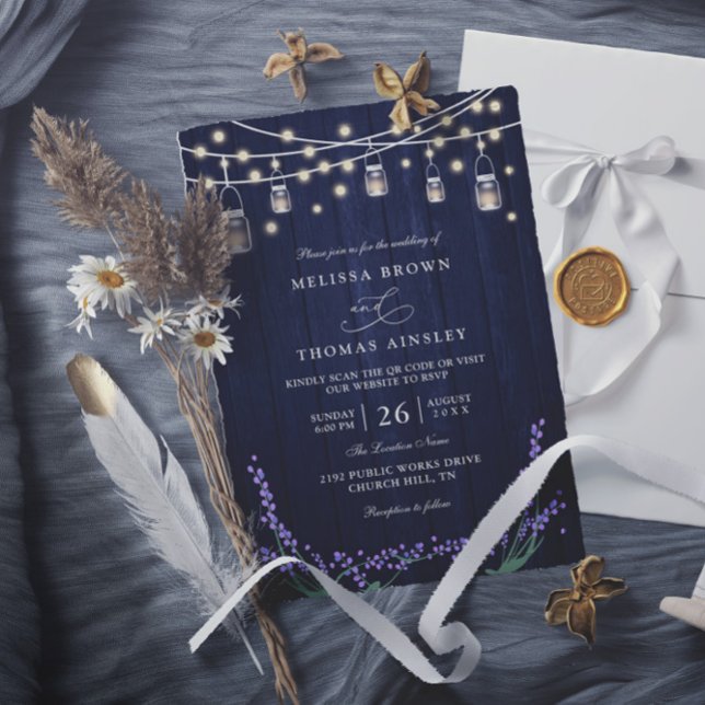 Convite Rustic Blue Wood Lavender Elegant QR Code Wedding (Criador carregado)