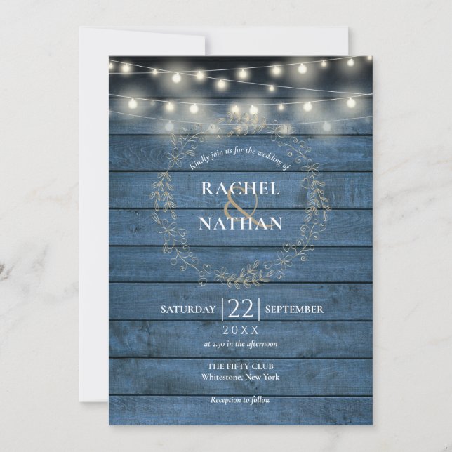 Convite Rustic Blue Wood String Luz Garland Casamento (Frente)