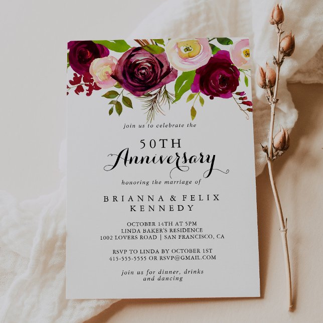 Convite Rustic Blush Burgundy 50º Aniversário de Casamento (Criador carregado)