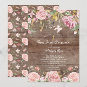 Convite Rustic Blush Pink Floral Primeira Comunhão Sagrada