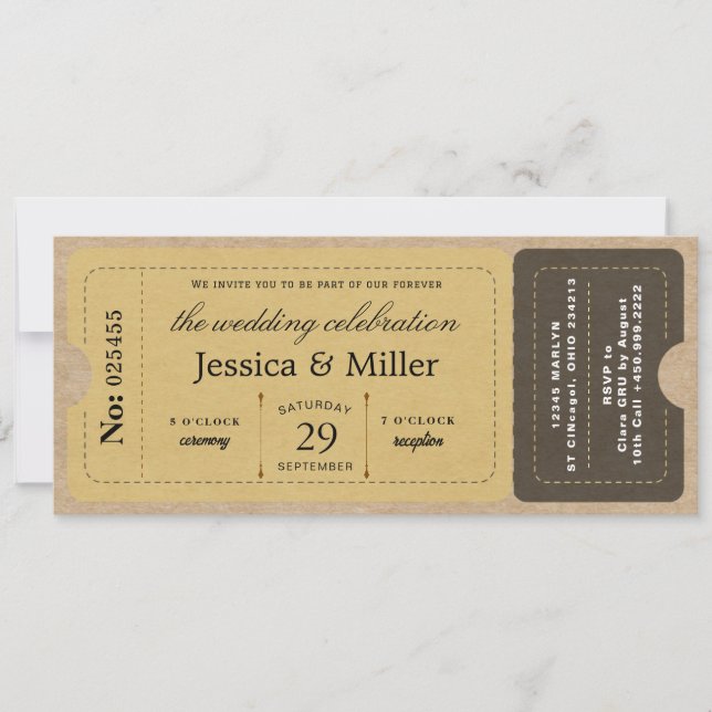 Convite  Rustic Boarding Pass Style Ticket Wedding (Frente)
