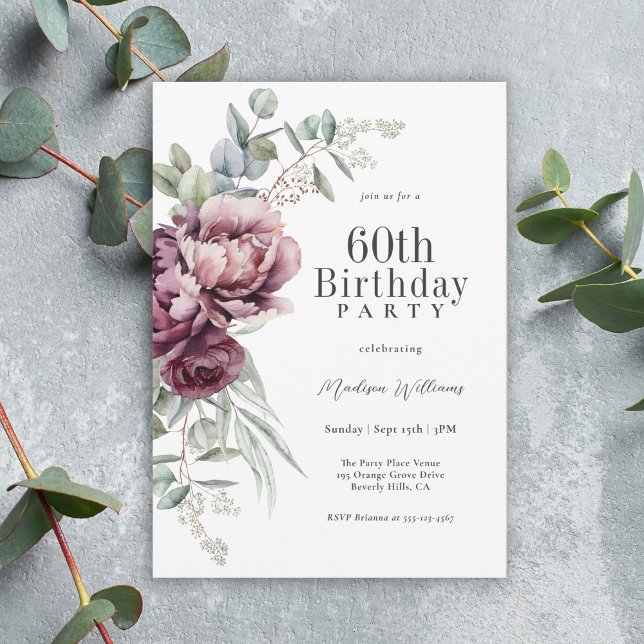 Convite Rustic Boho Burgundy Plum Floral 60º Aniversário (Available as printed and paperless digital download!)