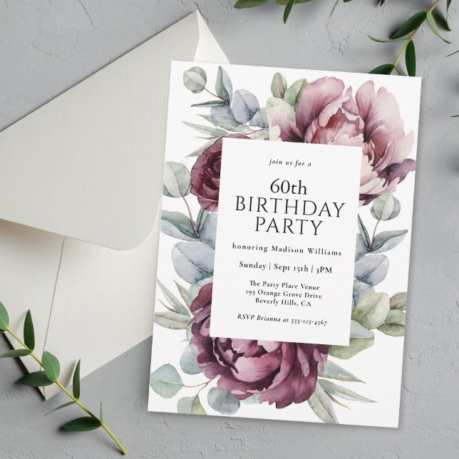 Convite Rustic Boho Burgundy Plum Floral 60º Aniversário (Available as printed invitations or as paperless digital download!)