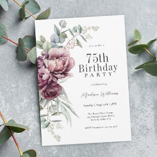 Convite Rustic Boho Burgundy Plum Floral 75º Aniversário