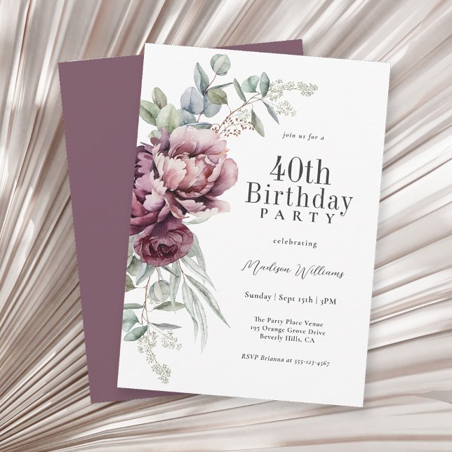 Convite Rustic Boho Burgundy Plum Floral aniversário de 40 (Available as printed and paperless digital download!)