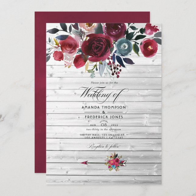 Convite Rustic Boho Chic Burgundy e Marinho Floral Weding (Frente/Verso)