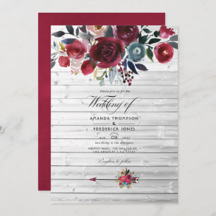 Convite Rustic Boho Chic Burgundy e Marinho Floral Weding