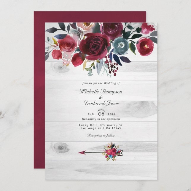 Convite Rustic Boho Chic Burgundy e Marinho Floral Weding (Frente/Verso)