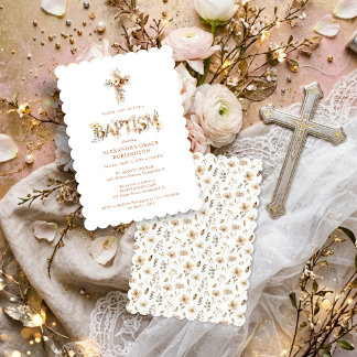 Convite Rustic Boho Chic Floral Cross Baptism TMF26