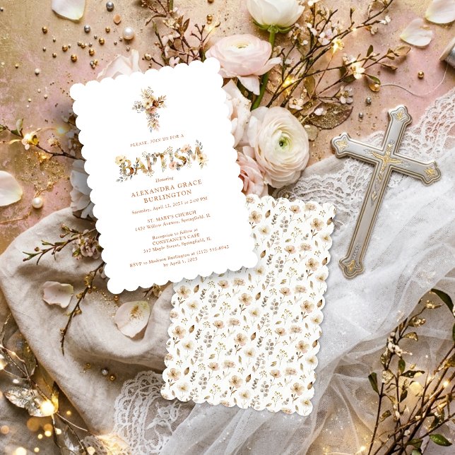 Convite Rustic Boho Chic Floral Cross Baptism TMF26 (Rustic Boho Chic Floral Cross Baptism Invitation with Soft Earthy Botanical Accents and Delicate.)