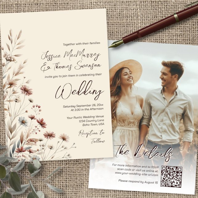 Convite Rustic Boho Chic Flores Silvestres & Casamento QR  (Front/Back)