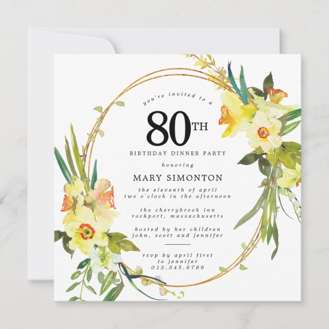 Convite Rustic Boho Daffodil 80 Birthday Partido do Janto  (Frente)