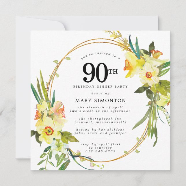 Convite Rustic Boho Daffodil 90 Birthday Partido do Janto  (Frente)