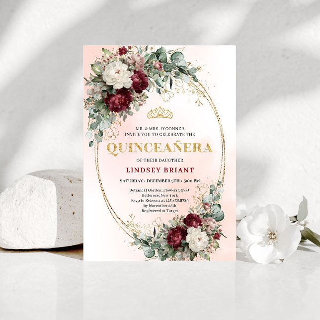 Convite Rustic Boho Deep Red Floral Gold Quinceañera Invit (Rustic Boho Deep Red Floral Gold Quinceañera Invitation)