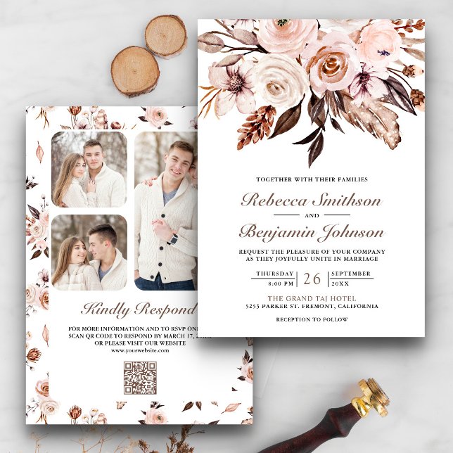 Convite Rustic Boho Earthy Ivory Floral Código QR Casament (Criador carregado)