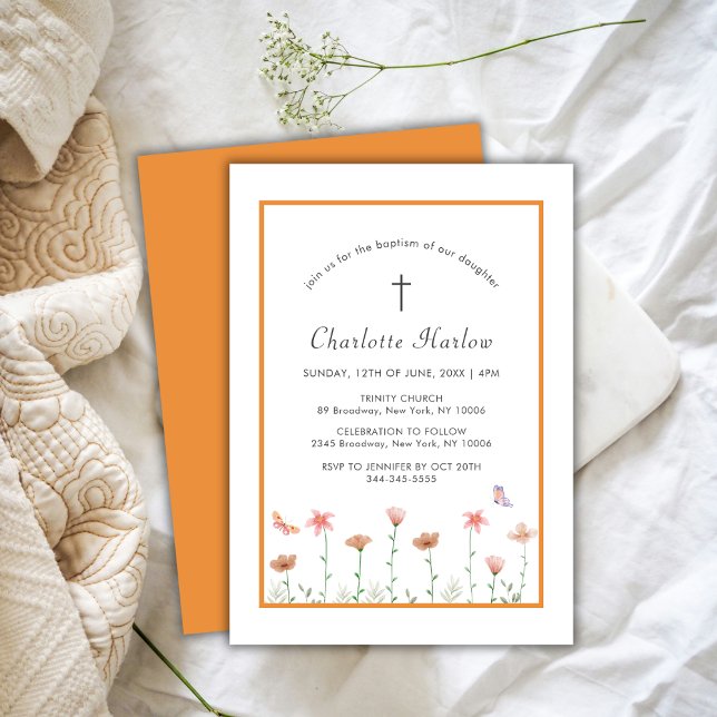 Convite Rustic Boho Floral (Rustic Boho Floral Wildflower Cross Baptism Invitation)
