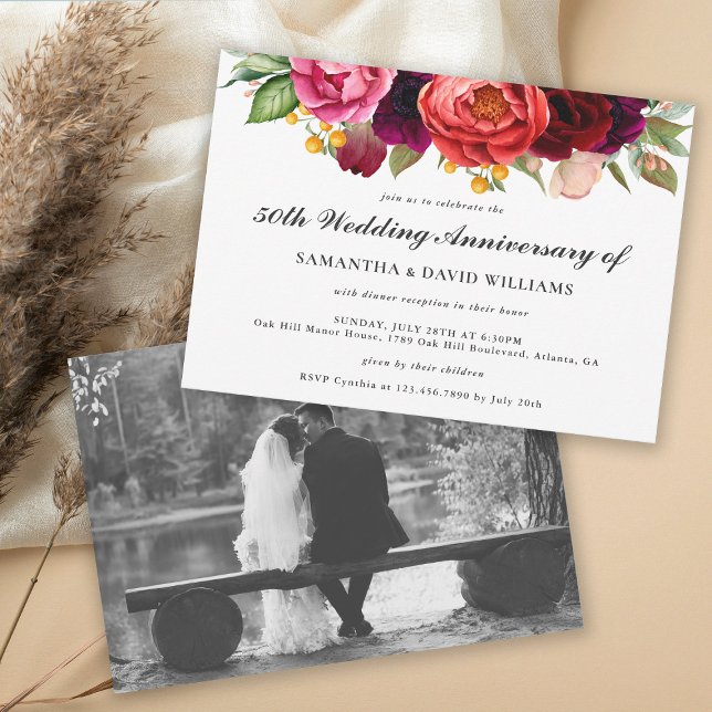 Convite Rustic Boho Floral 50º Aniversário com Foto (Add a favorite wedding photo to this lovely rustic 50th wedding anniversary invitation.
)