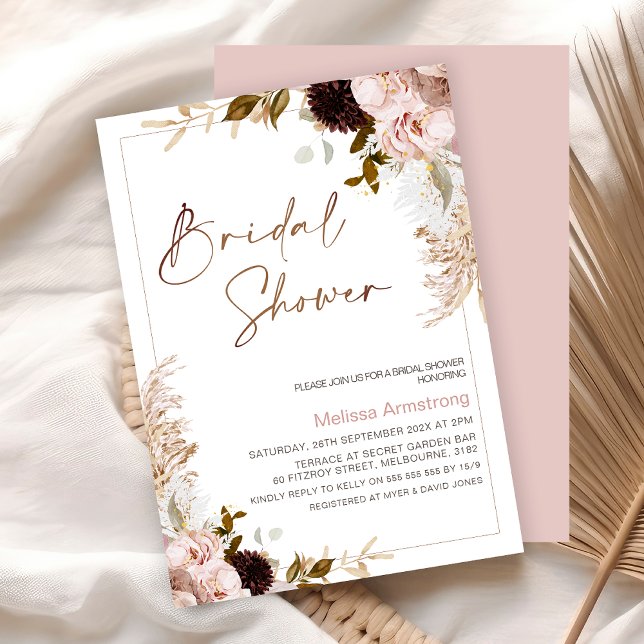 Convite Rustic Boho Floral com Pampas Frame Chá de panela (Boho Floral Bridal Shower Invitation, Natural Tones, Blush Bohemian Floral Bridal Shower Invite)