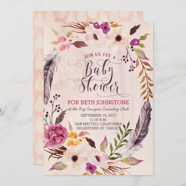 Convite Rustic Boho Floral Wreath Baby Shower Invants (Frente/Verso)