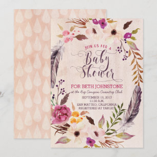 Convite Rustic Boho Floral Wreath Baby Shower Invants