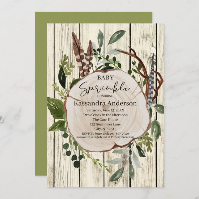 Convite Rustic Boho Greenery Baby Sprinkle (Frente/Verso)