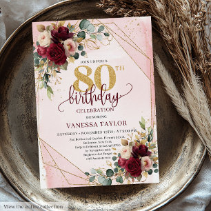 Convite Rustic Boho Maroon Dourado Rosa 80 de Aniversário 