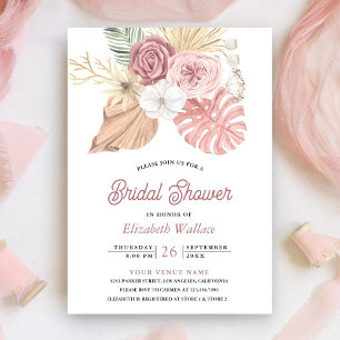 Convite Rustic Boho Palma Rosas Rosa Poeirento Chá de Bebê