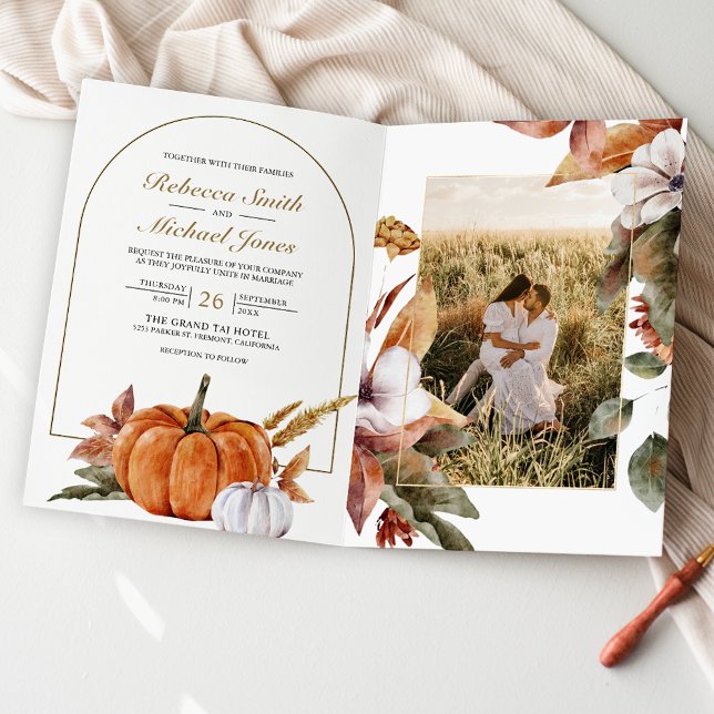 Convite Rustic Boho Pumpkin Photo QR Code Wedding (Criador carregado)