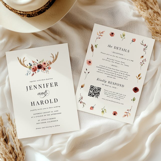 Convite Rustic Boho Stag Deer Antlers Todos em Um Casament (Criador carregado)