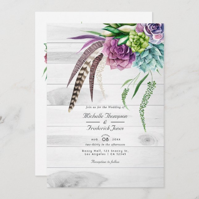 Convite Rustic Boho Succulents Código QR Casamento RSVP (Frente/Verso)