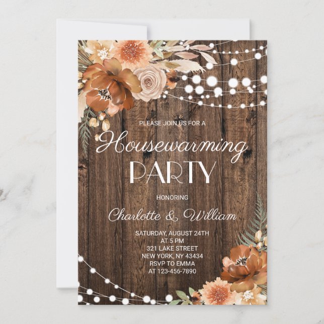 Convite Rustic Boho Terracotta Floral Housewarming Party (Frente)
